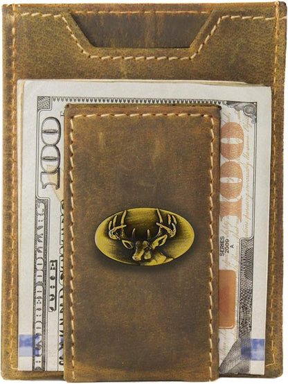 ZEP-PRO Buck Vintage Tan Leather Magnetic Front Pocket Wallet, Slim Stylish for Men