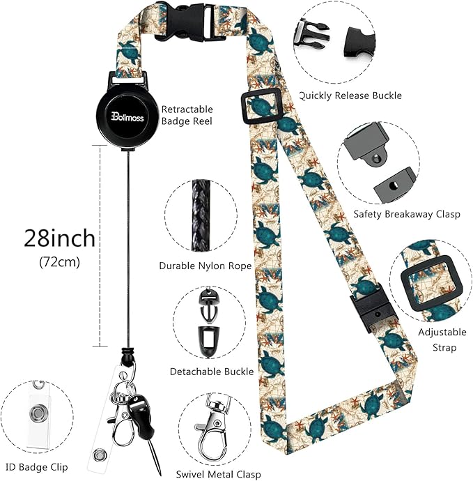 bolimoss Sea Turtle Lanyards for ID Badges, Cute Leather ID Badge Card Holder with Detachable Adjustable Neck Lanyard Strap,Retractable Badge Holders with Quick Release Buckles for Teacher Student
