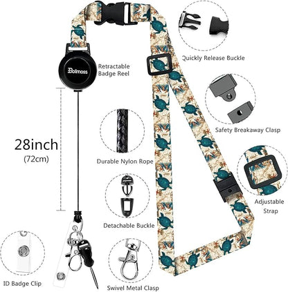 bolimoss Sea Turtle Lanyards for ID Badges, Cute Leather ID Badge Card Holder with Detachable Adjustable Neck Lanyard Strap,Retractable Badge Holders with Quick Release Buckles for Teacher Student