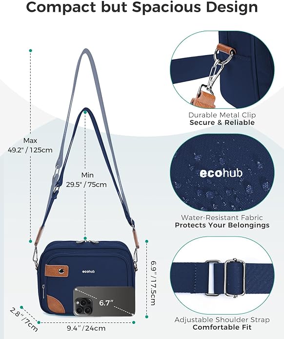 ECOHUB Crossbody Bag for Women Men, Multi Pocket Anti-Theft Travel Purse with RFID Blocking, Oxford PU Shoulder Bag