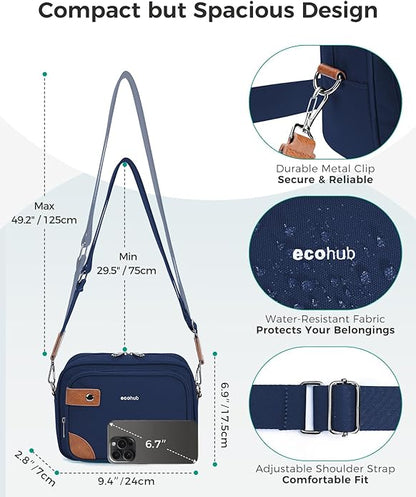 ECOHUB Crossbody Bag for Women Men, Multi Pocket Anti-Theft Travel Purse with RFID Blocking, Oxford PU Shoulder Bag