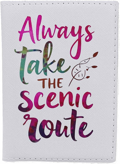 Word Design Passport Holder for Travel Always Take the Scenic Route PU Leather Passport Cover Wallet Cute Passport Card Holder for Women and Men