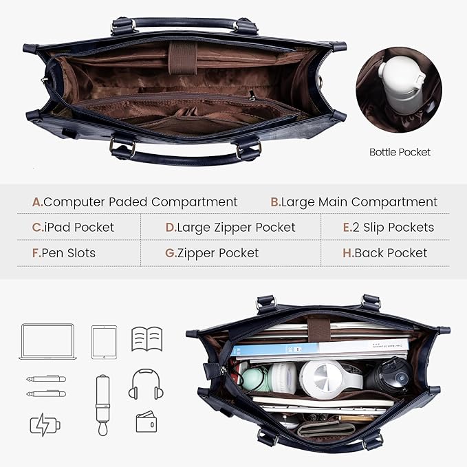 LOVEVOOK Laptop Tote Bag for Women, 15.6 Inch Large Capacity Vintage Leather Work Computer Bag, Business Casual Shoulder Handbag, Indigo Ink