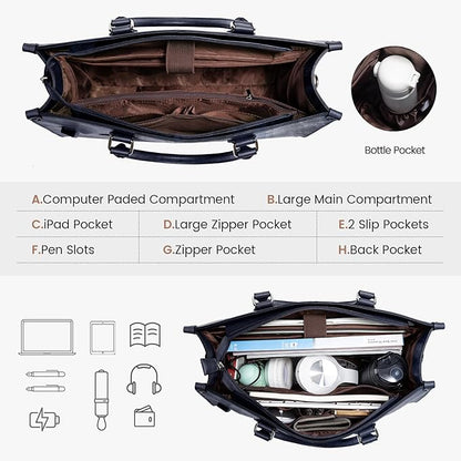 LOVEVOOK Laptop Tote Bag for Women, 15.6 Inch Large Capacity Vintage Leather Work Computer Bag, Business Casual Shoulder Handbag, Indigo Ink