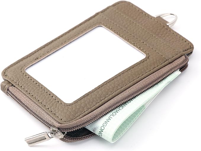 Badge Holder-Genuine Leather ID Badge Holder with Zipper Pocket and Nylon Lanyard – Perfect for Badges, Cards, and More