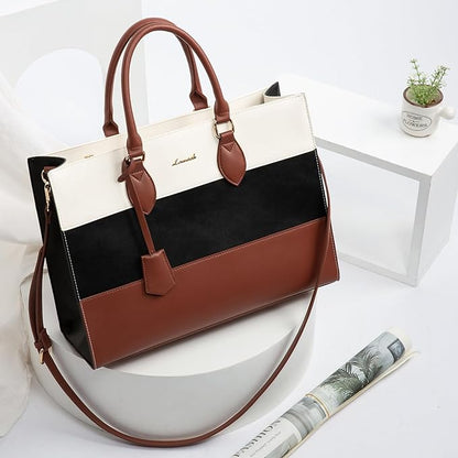 LOVEVOOK Laptop Bag for Women 15.6 Inch Waterproof Teacher Work Tote Bag Professional Office Business Computer Briefcase with Clutch Purse Large Capacity Shoulder Messenger Bag, Brown/Black/White