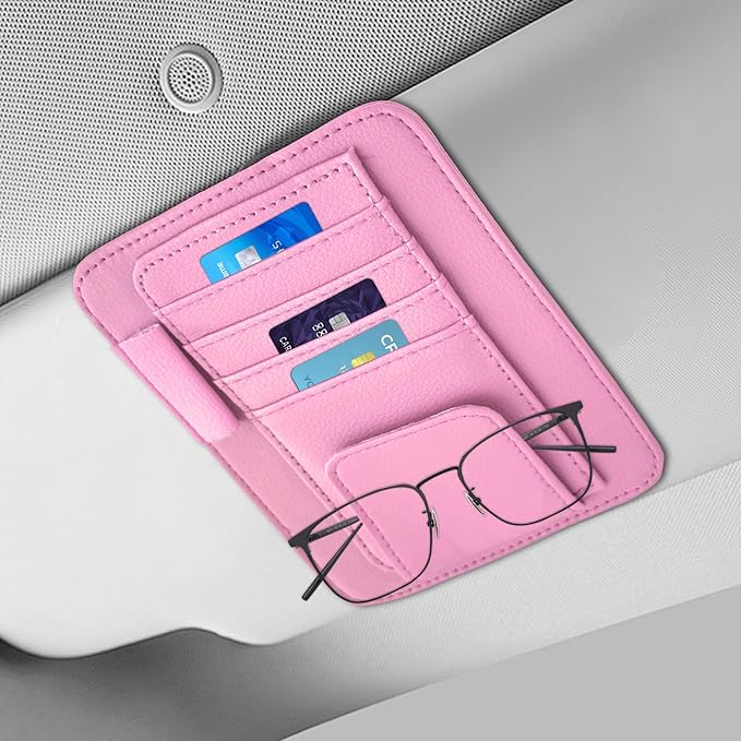 Small Leather Sun Visor Organizer, Visor Accessories, Multi-Pocket Sunvisor Storage with Sunglass Holder, Car Organizer for Drving License Card Pen Fits Most Vehicles (Pink)