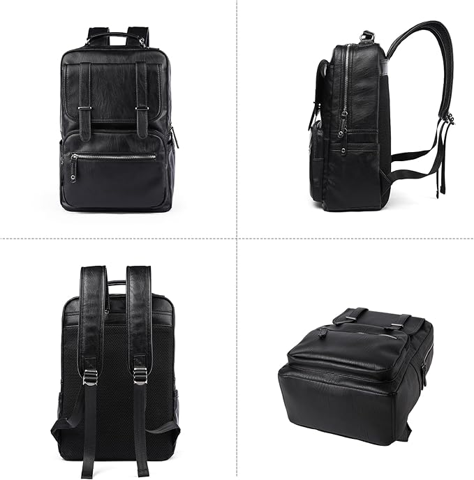 Leather Backpack Laptop 15.6 inch Lightweight Retro Business College Casual Travel Overnight Daypack Work backpack black Gift