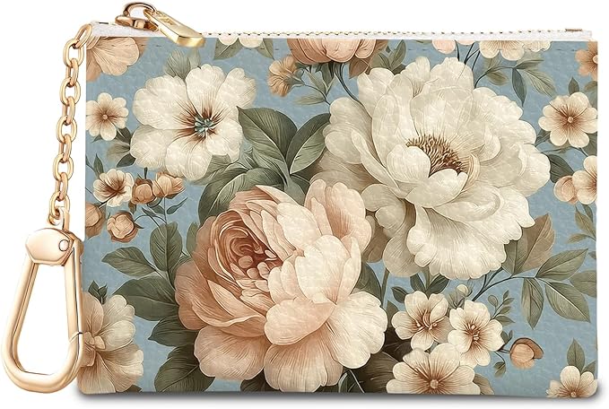 Vintage White Peony Floral Flowers Keychain Coin Purse for Women, Small PU Leather Change Pouch, Zipper Little Tiny Travel Wallet for Girls, Cute Kawaii Zip Pocket Coin Holder with Key Ring