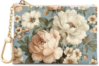 Vintage White Peony Floral Flowers Keychain Coin Purse for Women, Small PU Leather Change Pouch, Zipper Little Tiny Travel Wallet for Girls, Cute Kawaii Zip Pocket Coin Holder with Key Ring
