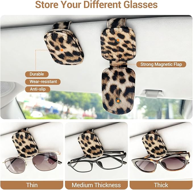 Leopard Sunglass Holder for Car, 2 Pack Universal Magnetic Car Sun Visor Eyeglass Holder, Leopard Print Leather Glasses Clip for Car, Ticket Card Clip, Cheetah Sunglass Holder for Car