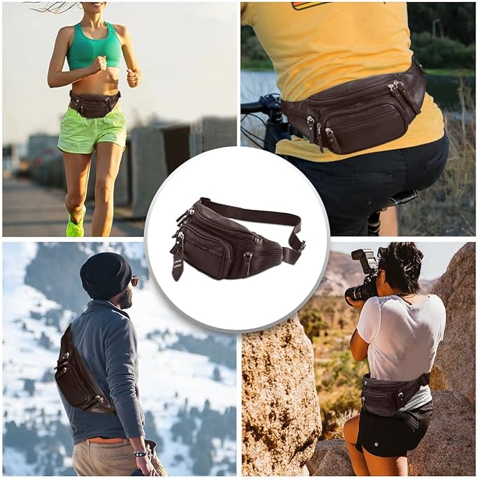 Fanny Pack Waist Bag Multifunction Genuine Leather Hip Bum Bag Travel Pouch for Men and Women- Multiple Pockets & Sturdy Zippers Ideal for Hiking Running And Cycling
