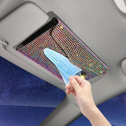 Bling Car Sun Visor Tissue Box Holder Pure Hand-Made Sparkling Crystal Auto Napkin Holder PU Leather Backseat Tissue Case for Women (Black)