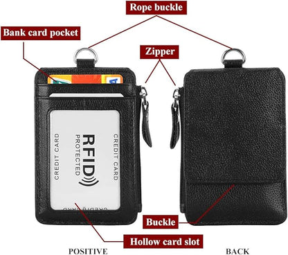 Badge Holder with Zipper Genuine Leather RFID Keychain Wallet Neck Lanyards with Swivel Hook for Card/Coin/Cash, Black