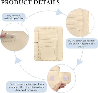 Small Leather Car Sun Visor Organizer, Auto Visor Pouch Card Sleeve Pocket with Sunglasses Clip, Multifunctional Sunvisor Wallet Holder for Driving License Pen Tickets (Beige)
