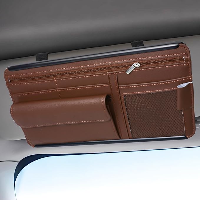 Hovom Car Visor Organizer, Leather Multi-Pocket Auto Sun Visor Storage Pouch with Sunglasses Holder, Card Holder, Zipper Pocket, Net Pocket, Pen Slot, Universal Interior Car Accessories (Brown)