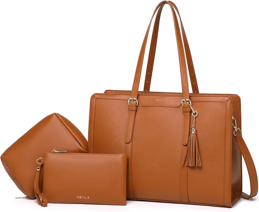 Keyli 4pc Sets Laptop Bag for Women Large Leather Laptop Briefcase with USB Charging Port Computer Shoulder tote Bags Purse