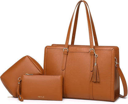 Keyli 4pc Sets Laptop Bag for Women Large Leather Laptop Briefcase with USB Charging Port Computer Shoulder tote Bags Purse
