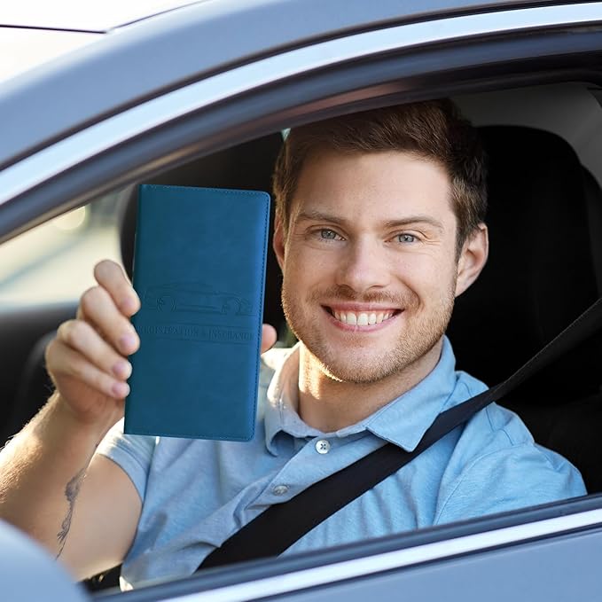 Car Accessories Registration and Insurance Holder,Leather Essential Card Magnetic Shut Vehicle Glove Box Organizer Case for Auto Driver License Document Truck Motorcycle Boat Men Women-Dark Blue