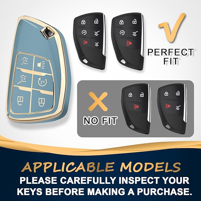 QBUC for Chevy Key Fob Cover with Keychain Soft TPU Protection Case Compatible with 2021-2026 Chevy Tahoe Suburban GMC Yukon Denali Silverado 6-Buttons(Gold Trim Blue)