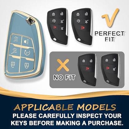 QBUC for Chevy Key Fob Cover with Keychain Soft TPU Protection Case Compatible with 2021-2026 Chevy Tahoe Suburban GMC Yukon Denali Silverado 6-Buttons(Gold Trim Blue)