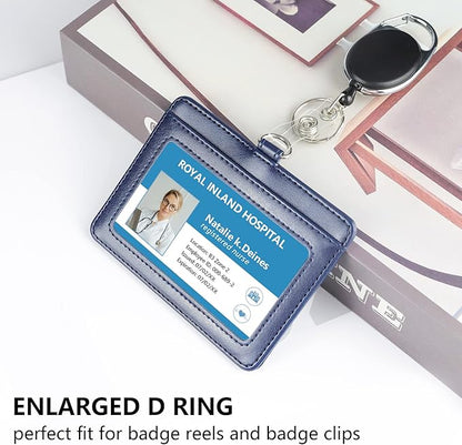 Teskyer Badge Holder with Lanyard, Leather ID Name Badge Card Holder with Lanyard for ID Badges, Horizontal Blue