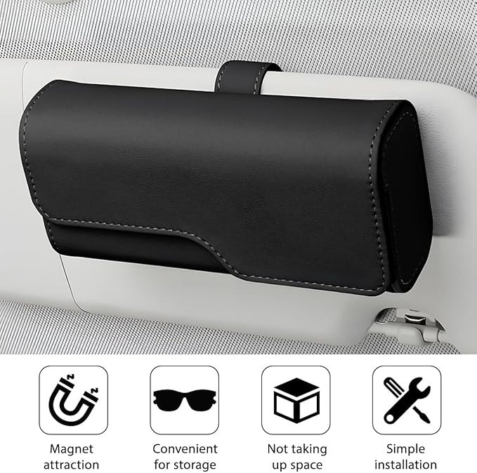 Zpana Sunglass Holder for Car Visor, Leather Auto Eyeglasses Sun Visor Organizer Case with Hidden Magnetic Closure, Auto Protective Glasses Storage Box, Universal for SUV RV Truck (Black)