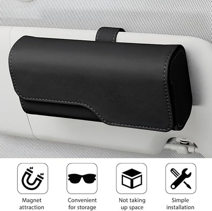 Zpana Sunglass Holder for Car Visor, Leather Auto Eyeglasses Sun Visor Organizer Case with Hidden Magnetic Closure, Auto Protective Glasses Storage Box, Universal for SUV RV Truck (Black)