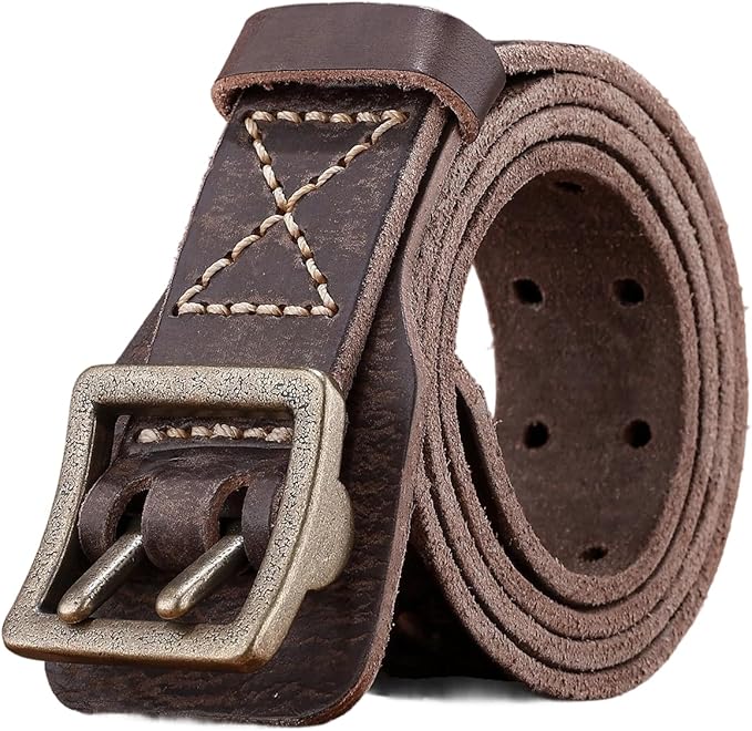 Handcrafted Vintage Style Leather Belt, Brown Full-Grain Leather, Brass Buckle, Double Stitched Design, Casual Wear