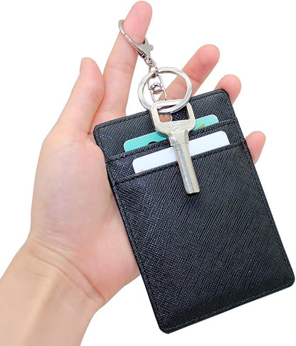 Boshiho Vertical Style Leather ID Card Badge Holder with Keychain Key Ring