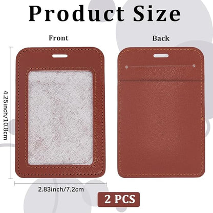 2PCS Brown PU Leather ID Card Case Vertical Sided Badge Holder Waterproof Leather Photocard Protector Name Badge Pouch with Clear Window for Office Staff Students School Driver's Licenses