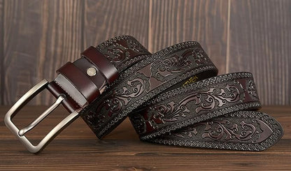 Men's Casual Genuine Leather Jeans Belts Vintage Leather Engraved Strap with Single Prong Buckle