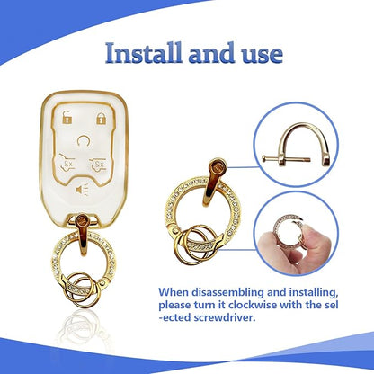 Soft TPU Key Fob Cover Case Shell Protector Key Cover Compatible with Chevy Chevrolet Suburban Tahoe GMC Terrain Yukon Yukon XL Car Key with Bling Keychain for Accessories (White)