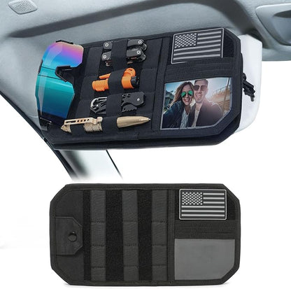 Upgraded Molle Car Sun Visor Organizer, Semi-Rigid MOLLE Panel No Sagging with Zipper Storage Pouch & Glasses Clip, Heavy Duty Tactical Gear for Trucks SUVs Cars - Universal Fit