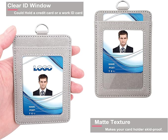Life-Mate ID Badge Holder with 1 Clear ID Window, 1 Credit Card Slot and PU Leather Lanyard for Badge, Credit Cards, College ID Cards in Glitter Gray