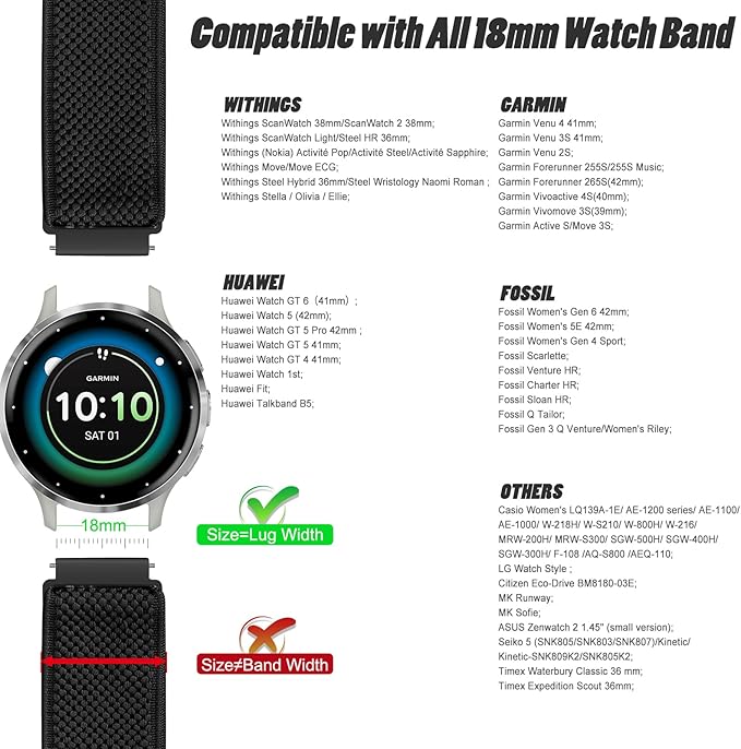 18mm Quick Release Elastic Nylon Band Compatible with Garmin Venu 4 41mm/3S 41mm/Venu 2S/Vivoactive 4S/Vivomove 3S/Active S/Forerunner 265S(42mm)/255S/Fossil Women's Gen 6 42mm/5E 42mm Women Men