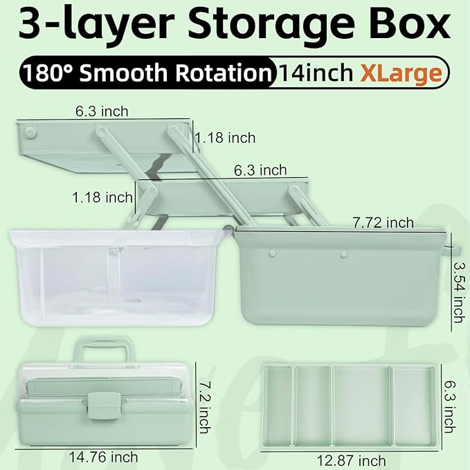 TERGOO 14in 3-Layer Multipurpose Craft Organizers and Storage with Adjustable Dividers, Portable Tackle Box, Folding Art & Craft Case for Medicine, Tool, Sewing Organizer (Haze Green, X-Large)