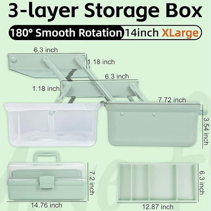 TERGOO 14in 3-Layer Multipurpose Craft Organizers and Storage with Adjustable Dividers, Portable Tackle Box, Folding Art & Craft Case for Medicine, Tool, Sewing Organizer (Haze Green, X-Large)