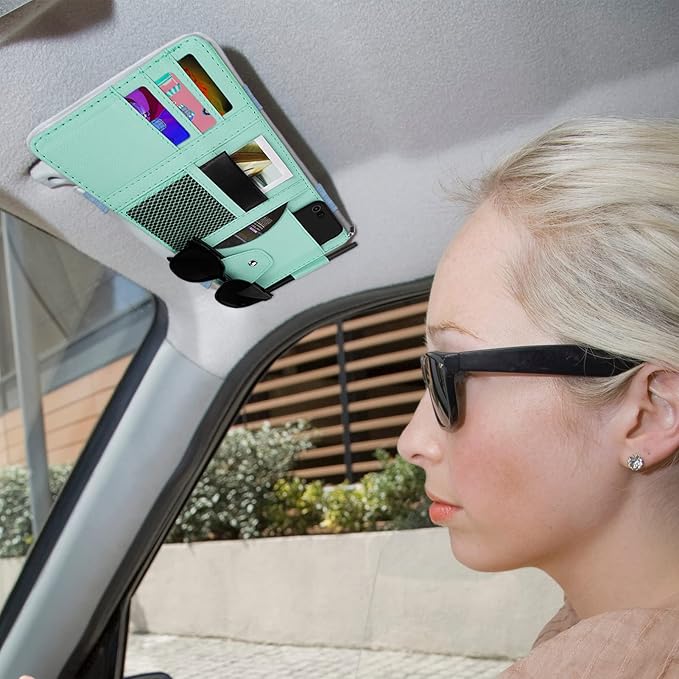 Car Sun Visor Organizer, Leather Pocket Organizer Sunglass Holder for Car Interior Accessories with Multi-Pocket Net Zipper (Blue)