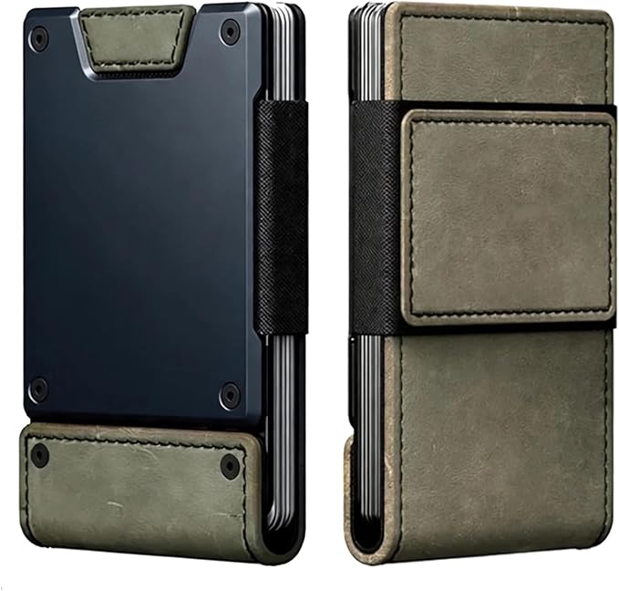 Slim Wallet for Men - Minimalist Compact Wallet and 25+ Card Holder, RFID Protected Front Pocket Wallets for Men with Integrated Elastic 10+ Cash Strap(Gray‌ PU Leather | Dark Green Metal)