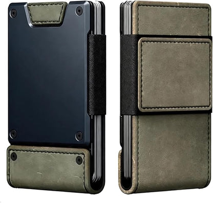 Slim Wallet for Men - Minimalist Compact Wallet and 25+ Card Holder, RFID Protected Front Pocket Wallets for Men with Integrated Elastic 10+ Cash Strap(Gray‌ PU Leather | Dark Green Metal)