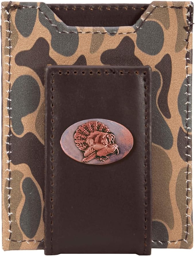 ZEP-PRO Turkey Men's Magnetic Front Pocket Old School Camo Leather Wallet – Slim Design with Card Slots and Money Clip, Brown/Tan Camo
