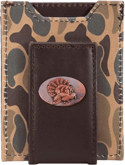 ZEP-PRO Turkey Men's Magnetic Front Pocket Old School Camo Leather Wallet – Slim Design with Card Slots and Money Clip, Brown/Tan Camo
