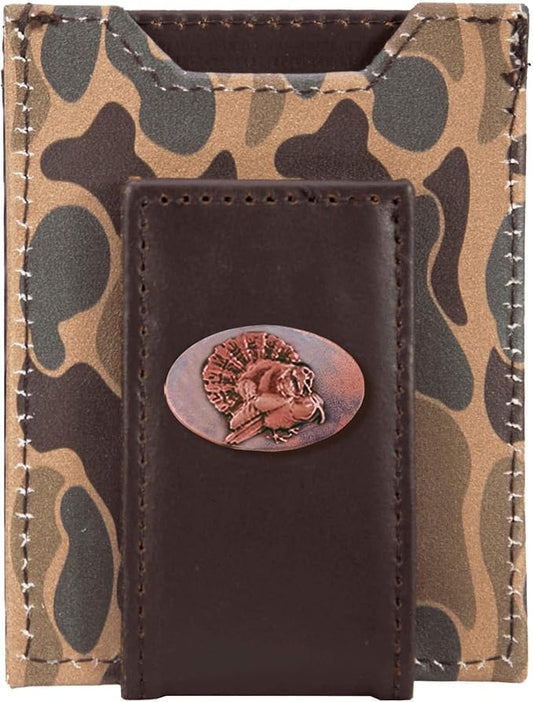 ZEP-PRO Turkey Men's Magnetic Front Pocket Old School Camo Leather Wallet – Slim Design with Card Slots and Money Clip, Brown/Tan Camo