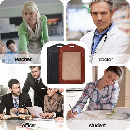 2 Pack Genuine Leather ID Badge Holders, Vertical ID Card Holders with Single-Side Clear Window, Waterproof Name Badge Holde Suit for Office, Staff, Students, Employees