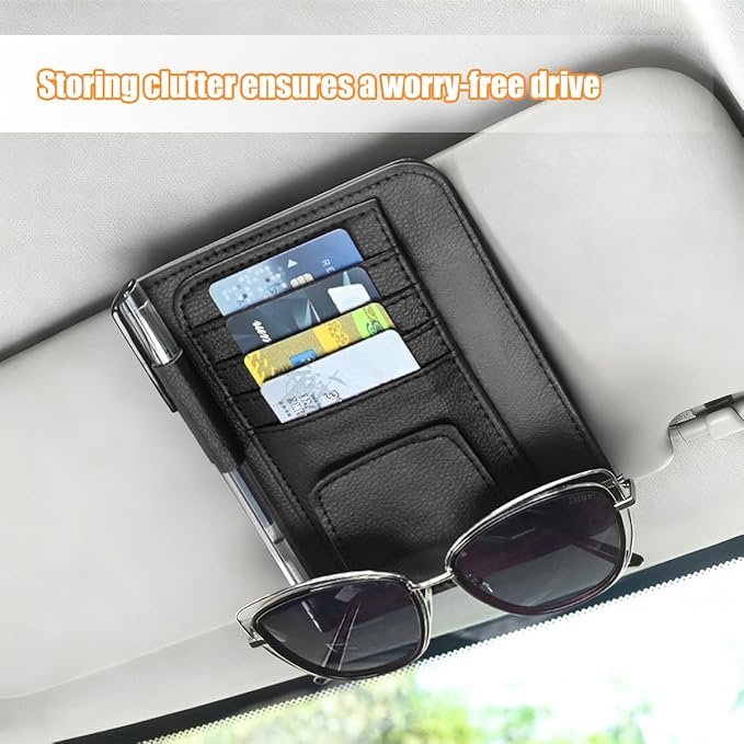 Car Sun Visor Organizer, PU Leather Vehicle Visor Document Storage Pocket for Sunglass Card Pen, Multifunctional Automotive Interior Holder Accessories, Universal Fit (Black)
