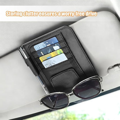 Car Sun Visor Organizer, PU Leather Vehicle Visor Document Storage Pocket for Sunglass Card Pen, Multifunctional Automotive Interior Holder Accessories, Universal Fit (Black)