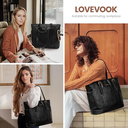 LOVEVOOK Laptop Tote Bag for Women,Vintage Leather Work Tote Bag for Women Computer Briefcase Bag,Waterproof Teacher Business
