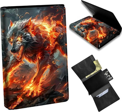 Flaming Wolf Minimalist Wallet for Men, Pop Up Card Case Wallet for Women, PU Leather Automatic Credit Card Holder Metal Money Clip Wallet RFID Blocking Bifold Pocket Wallet