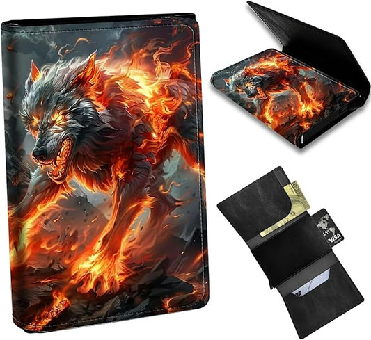 Flaming Wolf Minimalist Wallet for Men, Pop Up Card Case Wallet for Women, PU Leather Automatic Credit Card Holder Metal Money Clip Wallet RFID Blocking Bifold Pocket Wallet